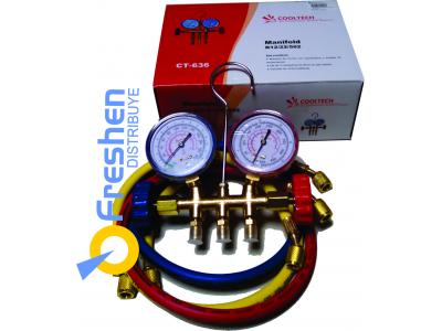 Manifold R-410 R12/R22/R502 c/cuerpo bronce y mangueras COOLTECH CT-636 SIN VISOR