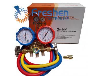 Manifold R-32 R-410 R-134 bronce, mangueras,.COOLTECH GGT-410-32  incluye 1 adaptador 5/16 FM a 1/4 FH