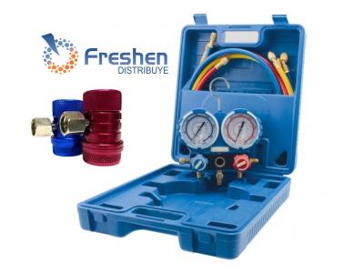 Manifold VALUE R-22 R-134 R-404 R-407 con maletín Mangueras 120 cm VMG-2-R22 + Juego de acople automotor  para r-134