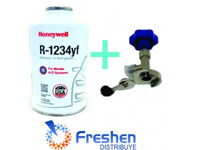 Lata Gas Refrigerante R-1234YF X 226gr HONEYWELL  +  VALVULA PARA LATA UNIVERSAL